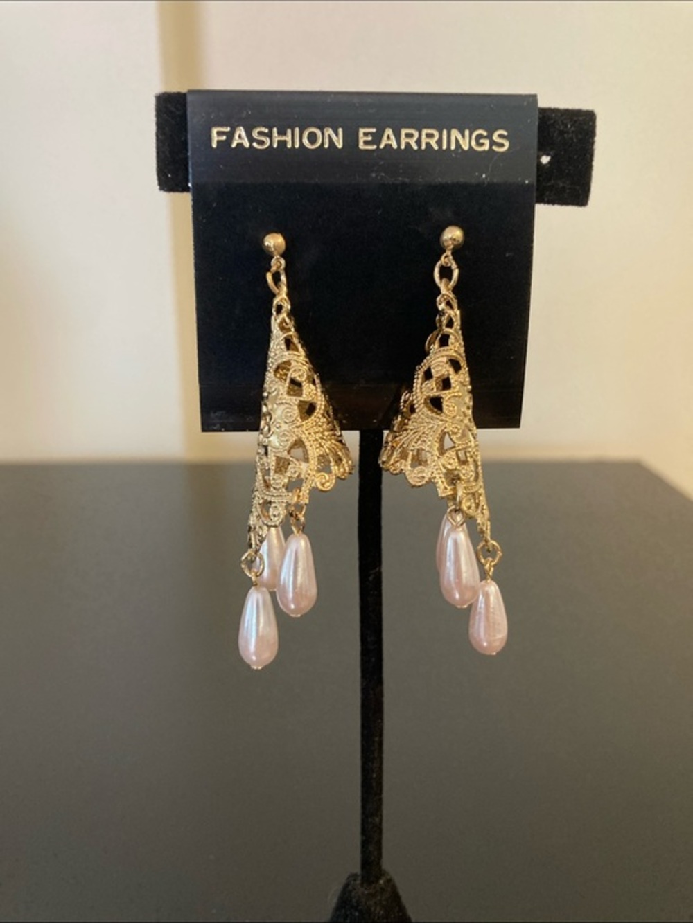Gold Filigree Drop Earrings with Pink Pearl Teardrops